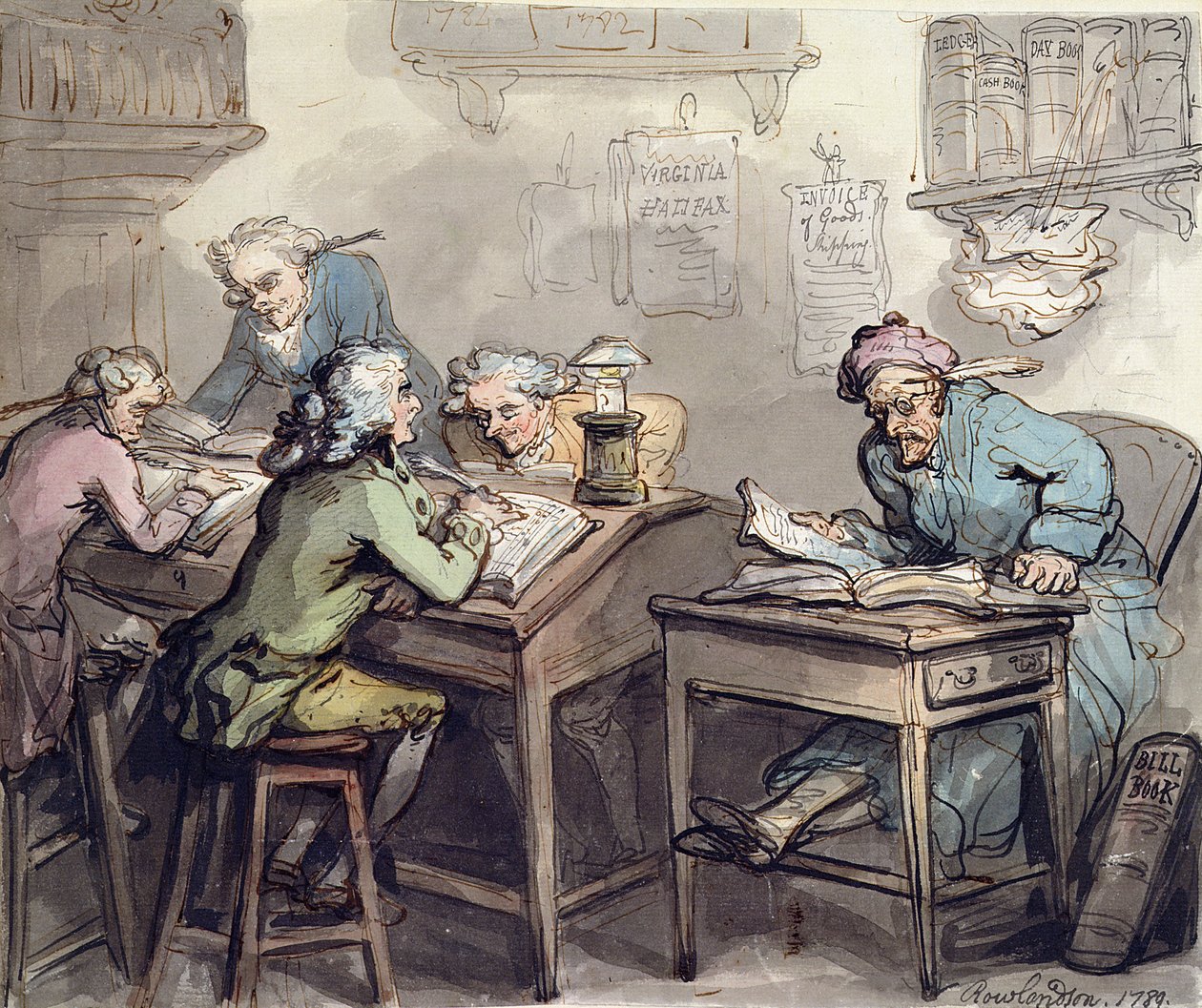 Kereskedelmi iroda, 1789 (toll, tinta és WC grafittal, papíron) alkotó: Thomas Rowlandson