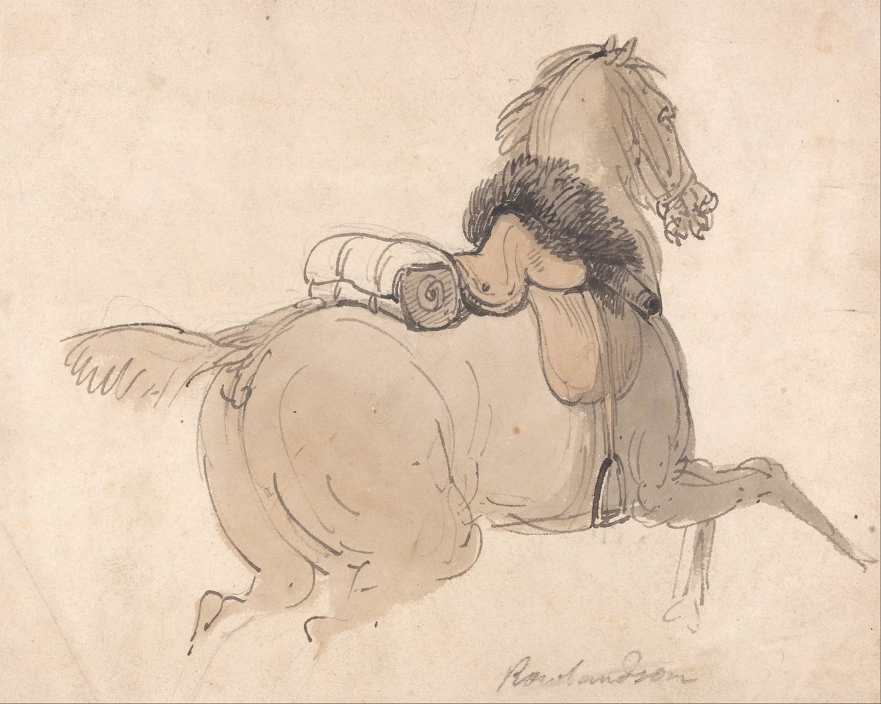 Nyeregzett lovas ló alkotó: Thomas Rowlandson