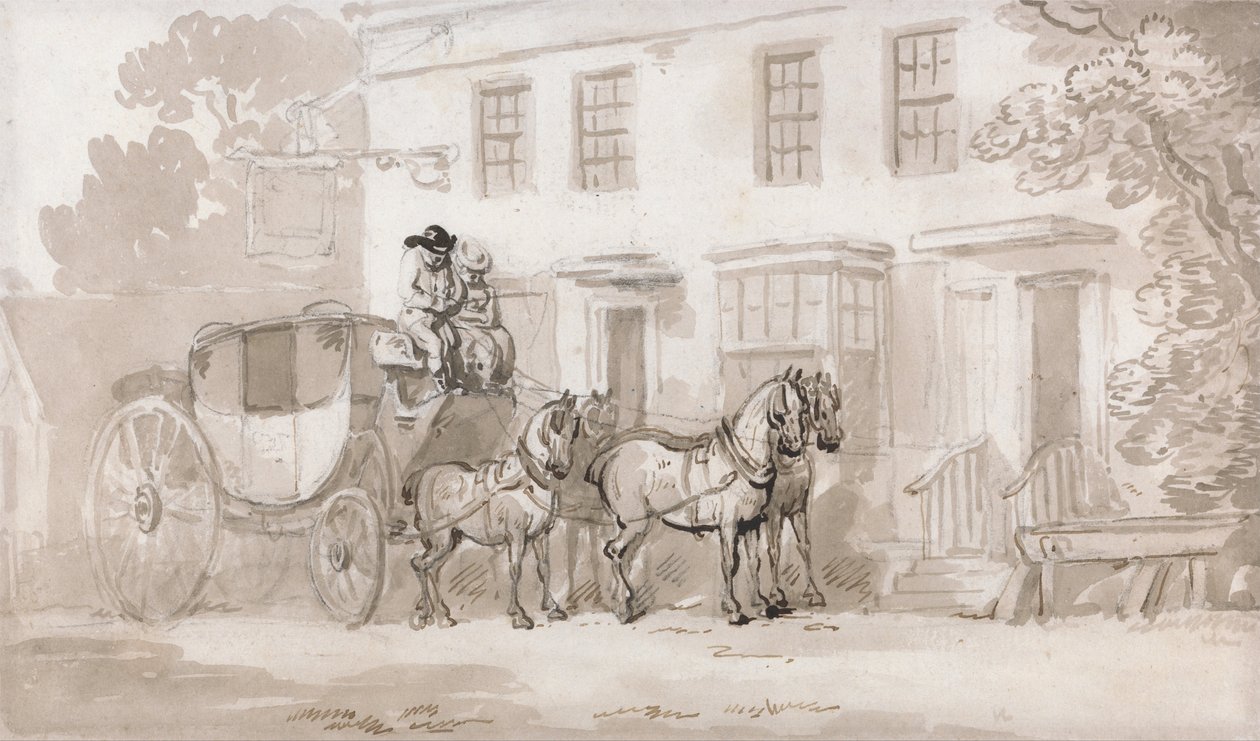 Színpadi edző egy fogadó bejáratán kívül alkotó: Thomas Rowlandson