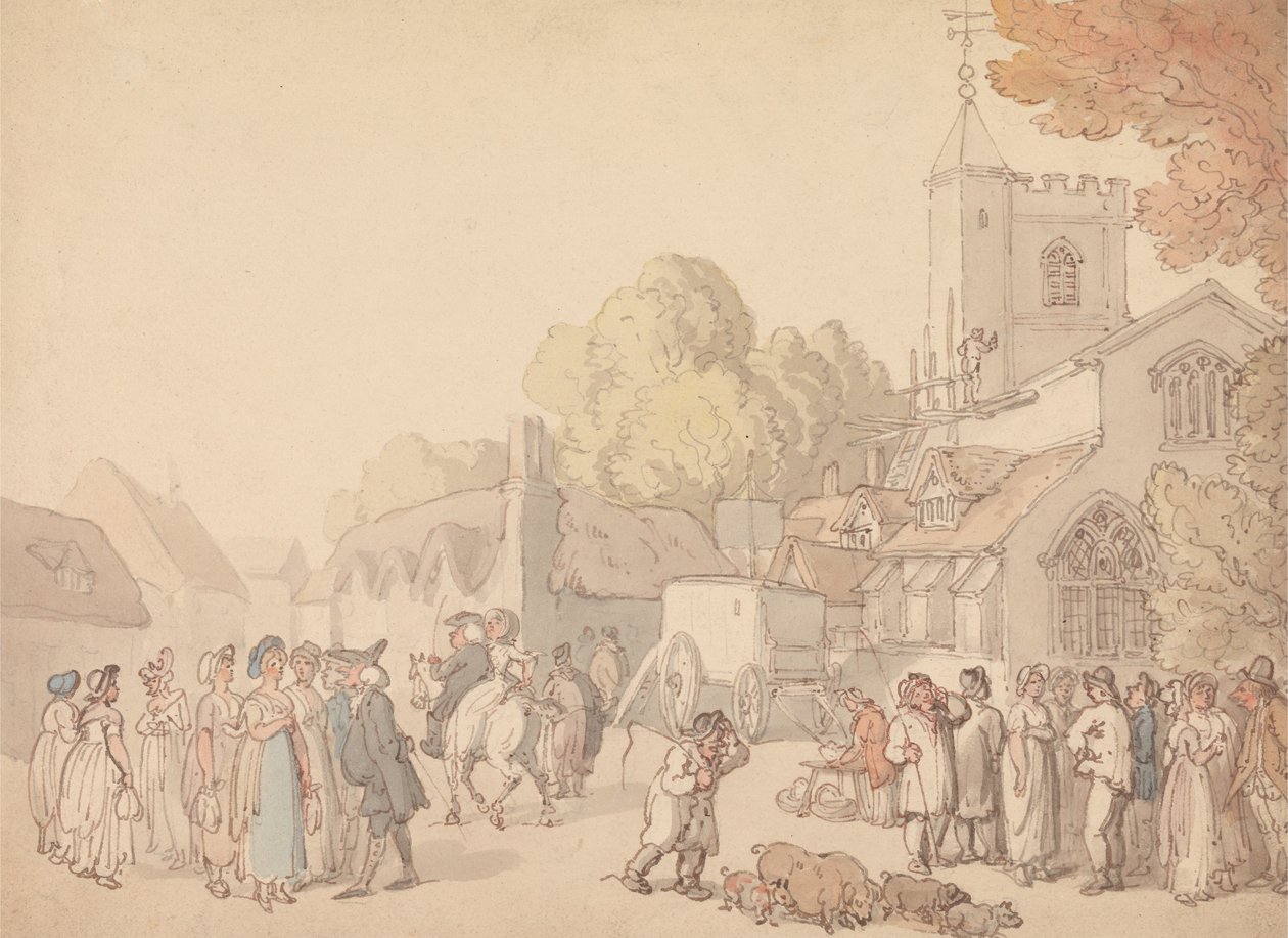 Falusi jelenet egy templomon kívül alkotó: Thomas Rowlandson