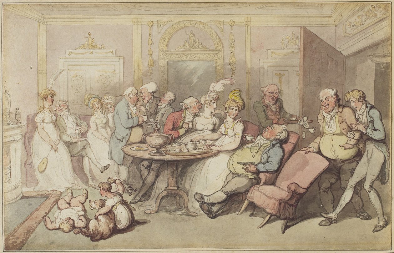 Vacsora után, 1805 körül (toll és barna, rózsaszín és szürke tinta, valamint wc grafit felett, szőtt papíron, az eredeti tartókon, kézzel rajzolt szegéllyel) alkotó: Thomas Rowlandson