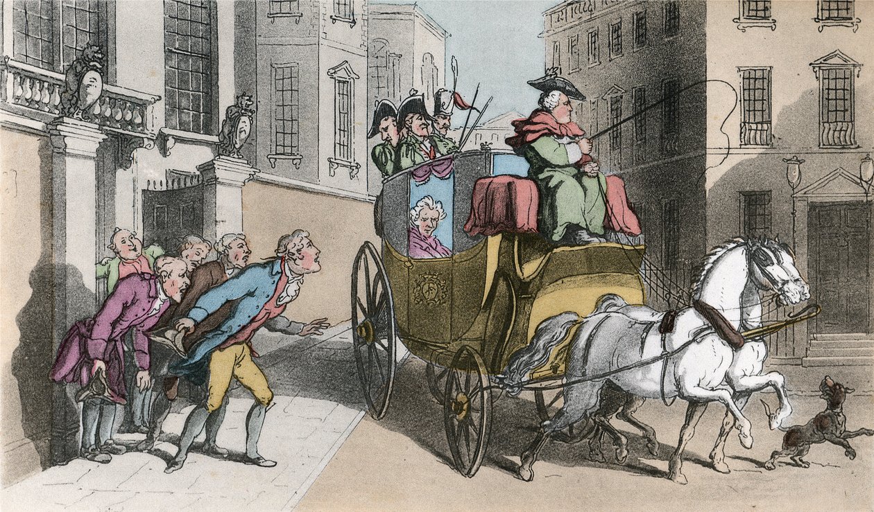 Attendance on a Nobleman, illusztráció Oliver Goldsmith "The Vicar of Wakefield" című művéből, kiadó: Oliver Goldsmith. Ackermann, 1817 (kézzel színezett akvatinta) alkotó: Thomas Rowlandson