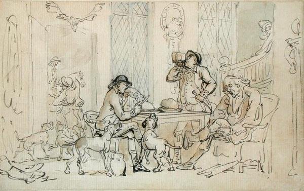 Reggeli a vadászat előtt, 1785-90 körül (toll és tus, barna és kék tus, papír) alkotó: Thomas Rowlandson