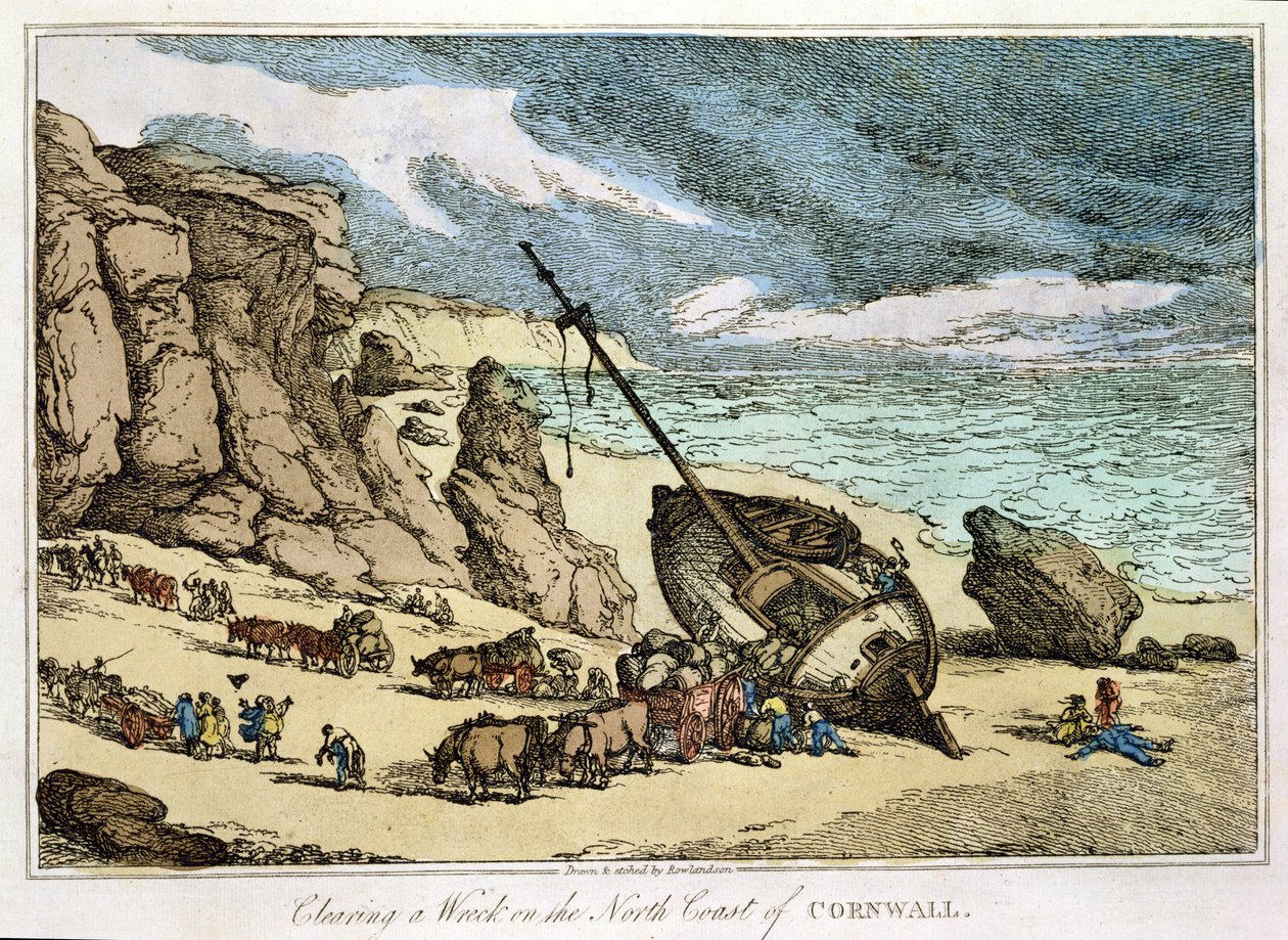 Egy roncs megtisztítása Cornwall északi partján, az 1822-ben megjelent „Sketches from Nature” című könyvből (kézzel színezett rézkarc) alkotó: Thomas Rowlandson