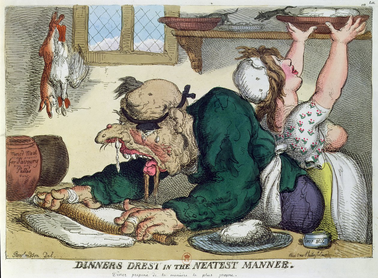 Dinners Drest a legtisztább módon, szatirikus rajzfilm a kulináris higiéniáról alkotó: Thomas Rowlandson