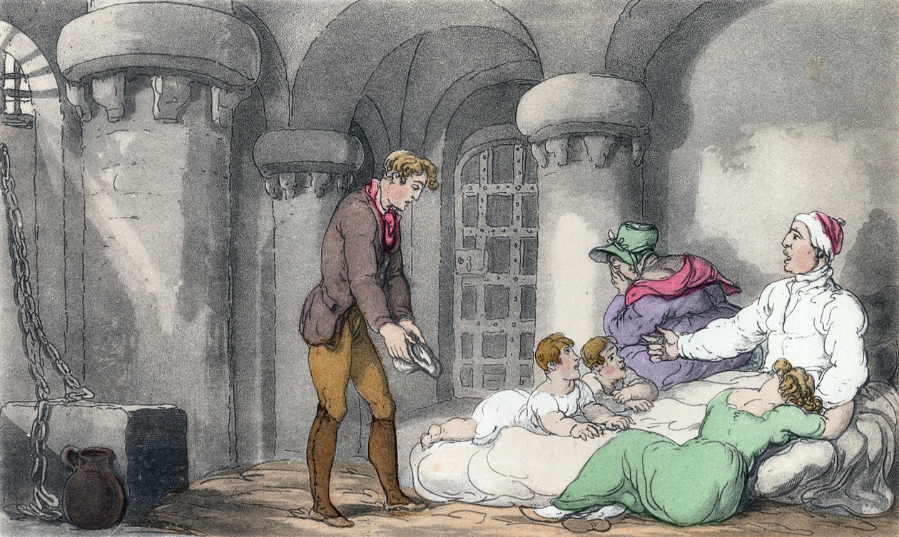Házi berendezkedés a börtönben, illusztráció Oliver Goldsmith „The Vicar of Wakefield” című könyvéből, pub. Ackermann, 1817 (kézzel színezett akvatinta) alkotó: Thomas Rowlandson