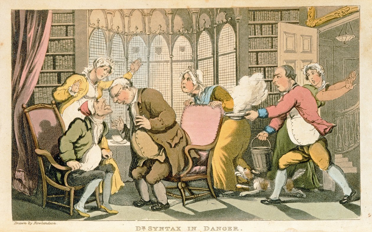 Dr. Syntax in Danger, William Combe „The Tour of Dr Syntax in search of the festői” című könyvéből, 1812-ben (akvatinta) alkotó: Thomas Rowlandson