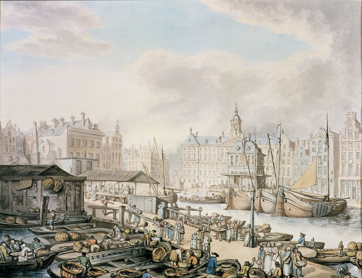 Feyge-gát és a halpiac egy része, Amszterdam, 1794 körül (toll és tinta WC-vel papíron) alkotó: Thomas Rowlandson