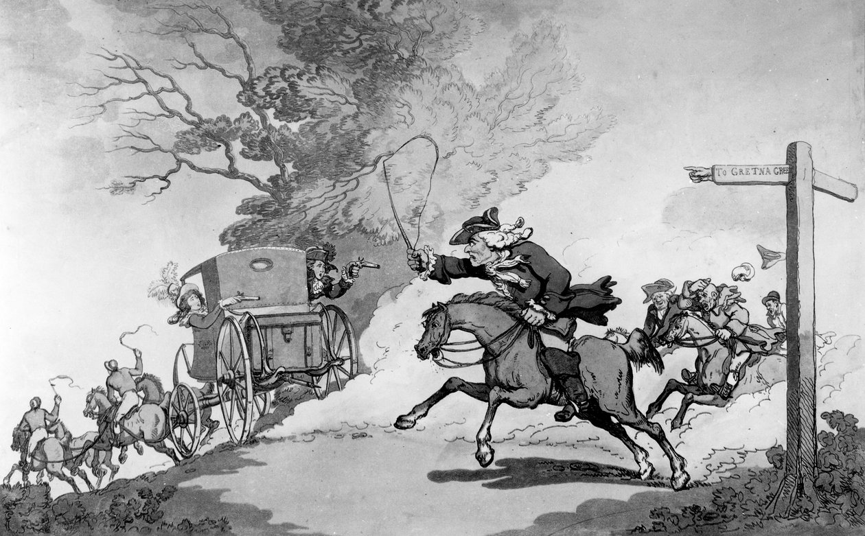 Gyermeki szeretet, avagy utazás Gretna Greenbe, 1780-as évek (litho) alkotó: Thomas Rowlandson