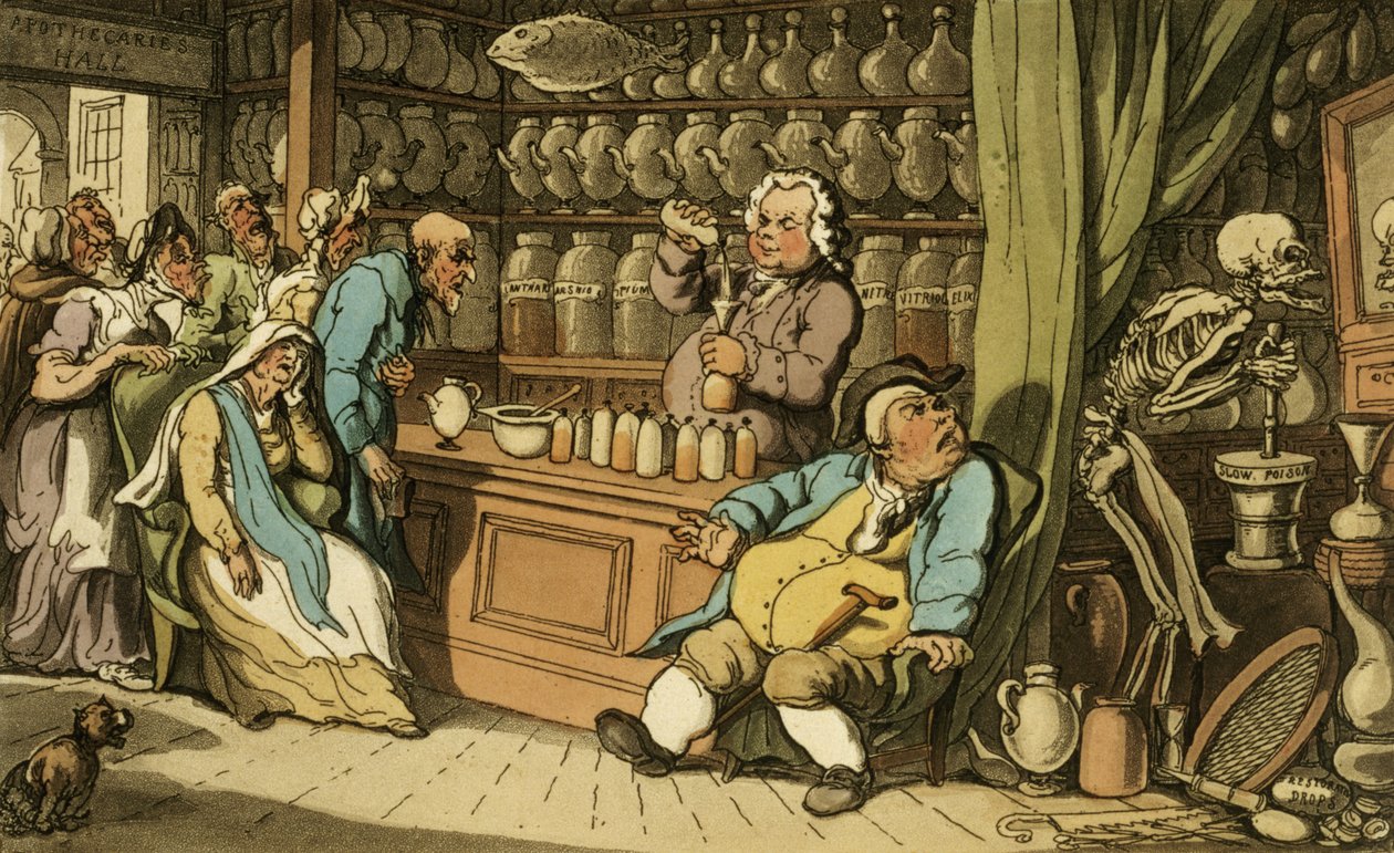 Van egy titkos művészetem, hogy meggyógyítsak minden betegséget, amelyet a férfiak elviselnek, az „Angol Dance of Death” pubból. Írta: Rudolph Ackermann (1764-1834) 1814 (akvatinta) alkotó: Thomas Rowlandson