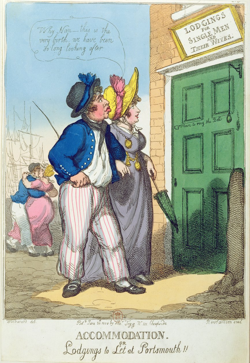 Egyedülálló férfiak és feleségeik szállása Portsmouthban, 1808 alkotó: Thomas Rowlandson