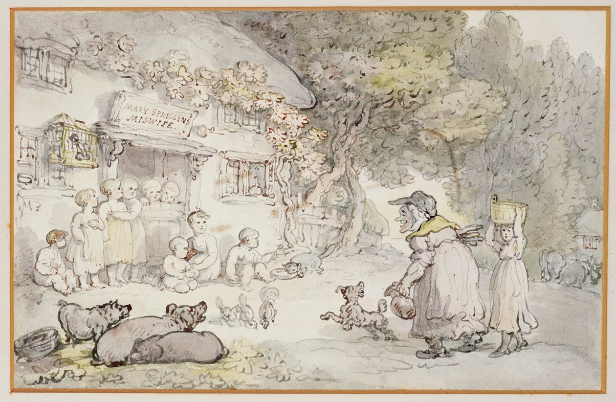 Mary Spriggens, a szülésznő (wc, toll és tinta) alkotó: Thomas Rowlandson