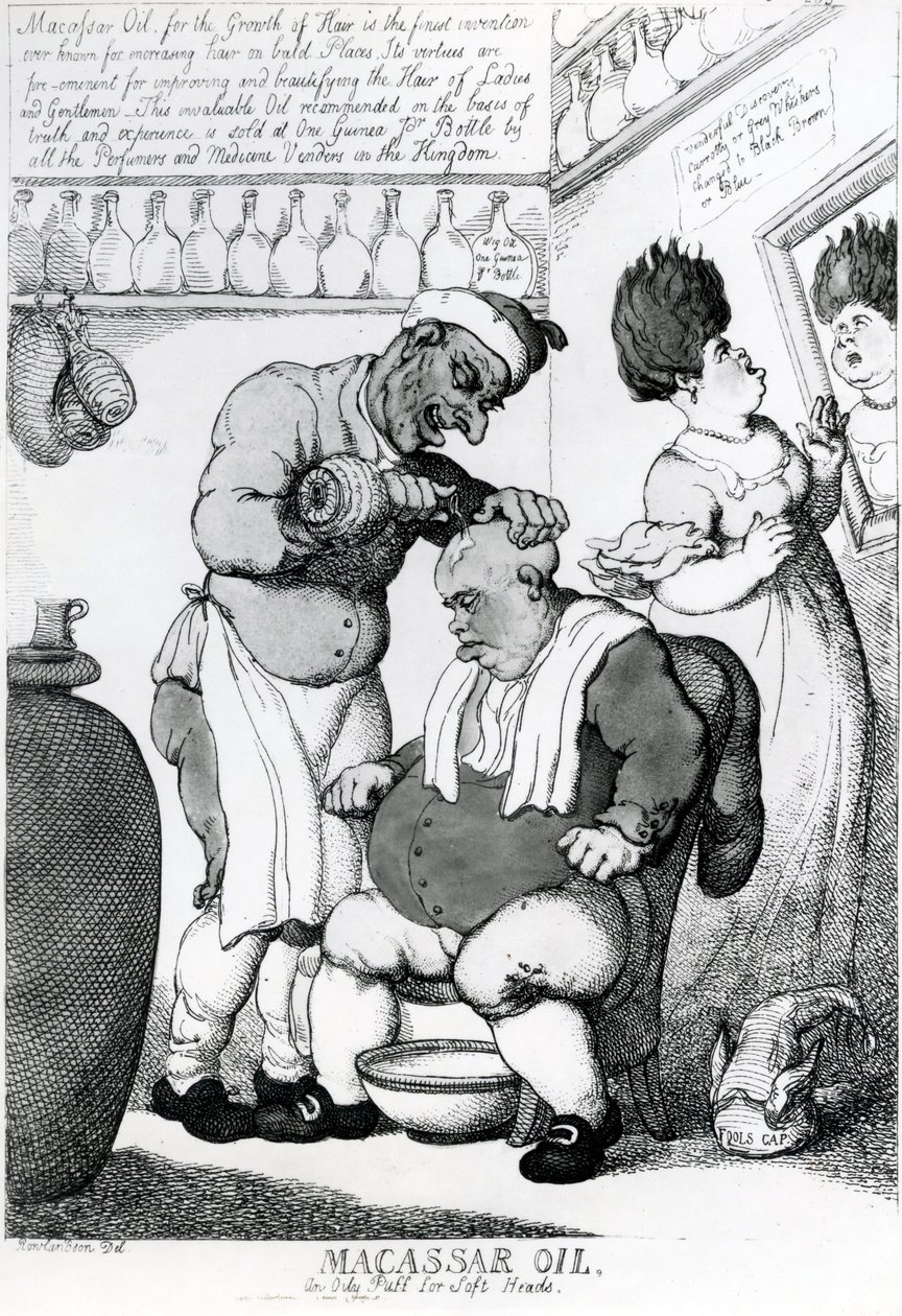 Massacar olaj, olajos puff a puha fejekre, 1814 alkotó: Thomas Rowlandson