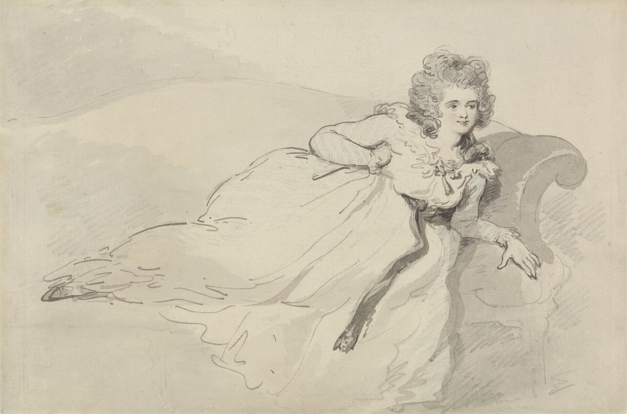 Mrs. Abington, a kanapén fekve (toll, grafit és WC papíron) alkotó: Thomas Rowlandson