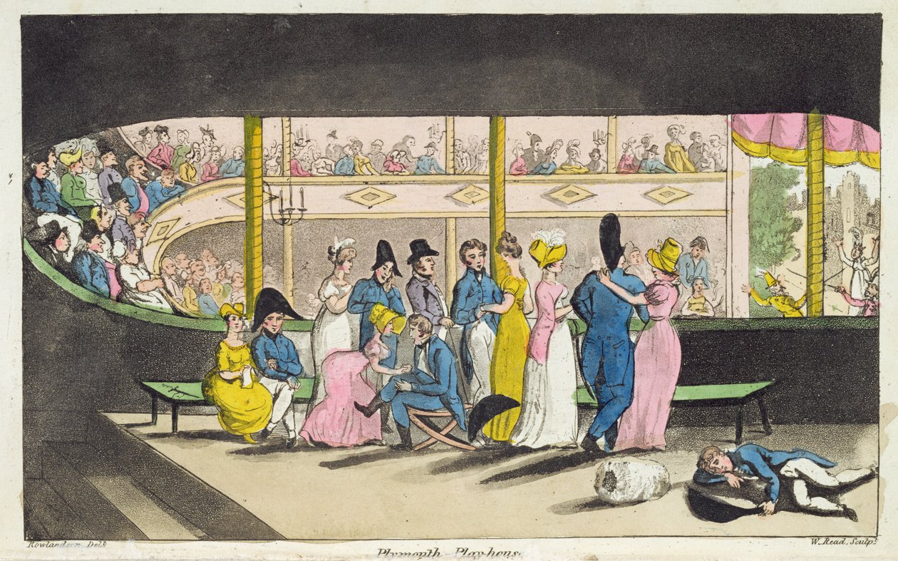 Plymouth Playhouse, John Mitford (1782-1831) "The Adventures of Johnny Newcome in the Navy" című művének táblája, metszette W. Read, 1818. alkotó: Thomas Rowlandson