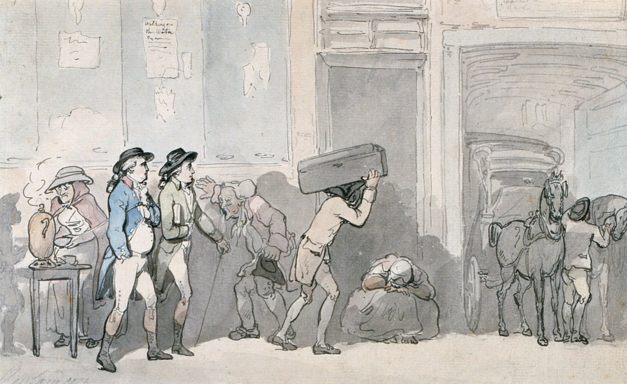 Rowlandson és Wigstead (1745-93) Érkezés egy fogadóba (toll és szürke tinta, wc, papír) alkotó: Thomas Rowlandson