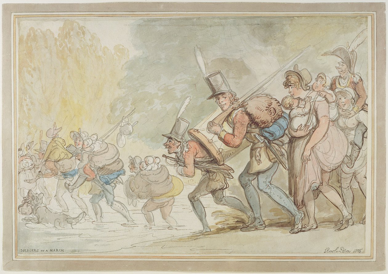 Katonák menetelés közben, 1805 (toll és tinta, akvarell, papír) alkotó: Thomas Rowlandson