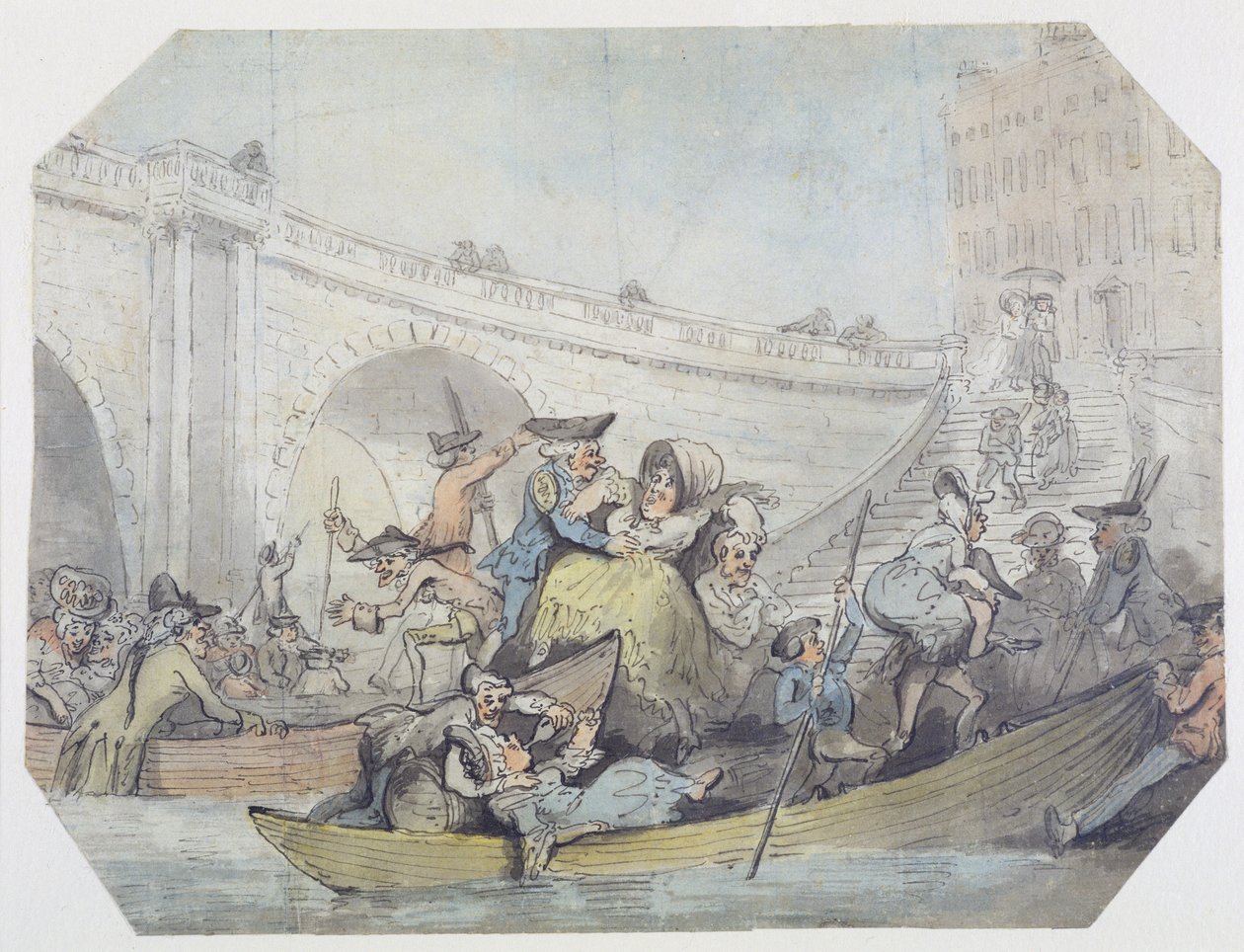 A kompok érkezése a London Bridge-re (toll és tinta, wc grafittal, szőtt papíron) alkotó: Thomas Rowlandson