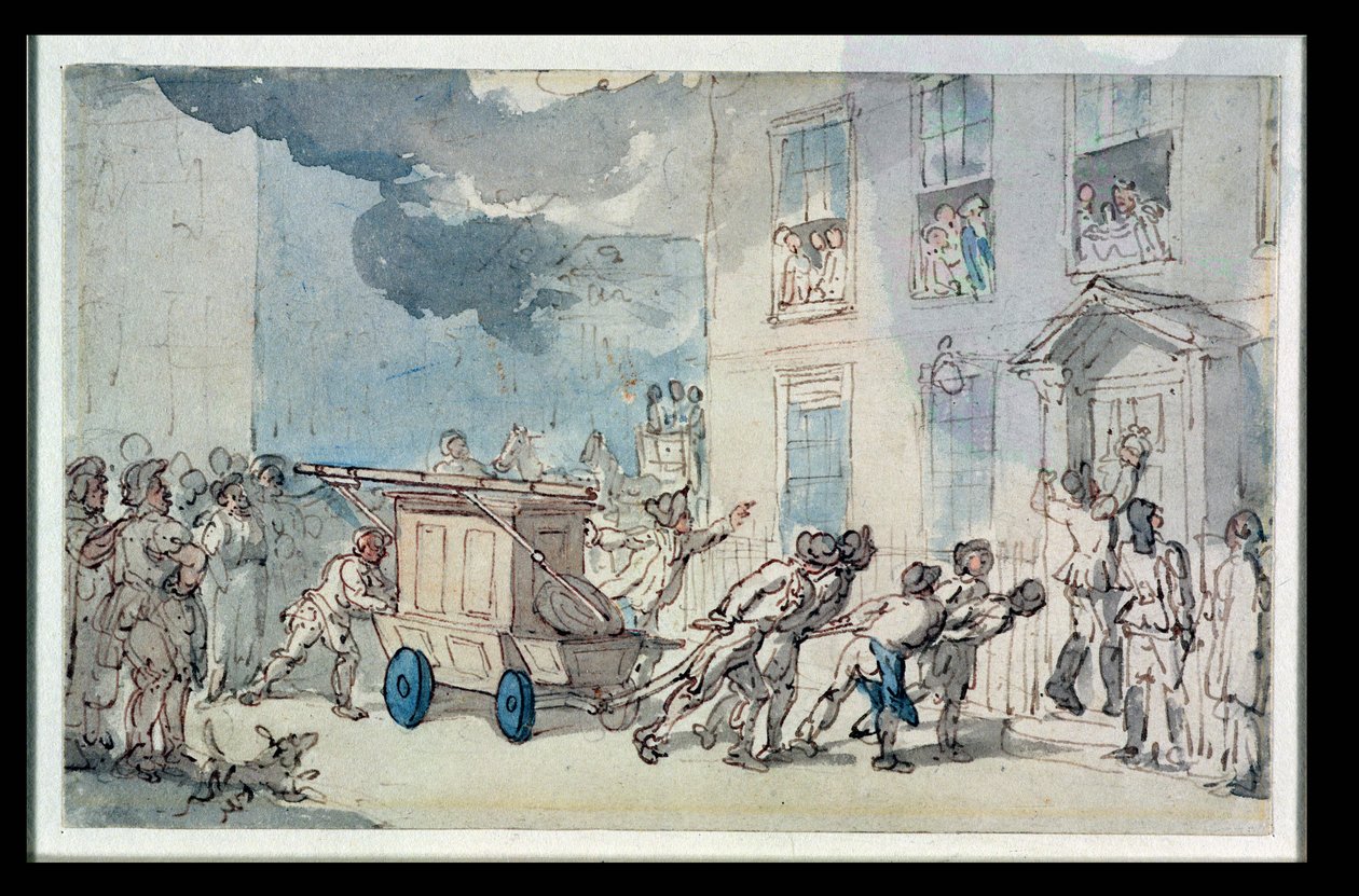 A tűzoltóautó érkezése (wc, toll és tinta, ceruza és pasztell papíron) alkotó: Thomas Rowlandson