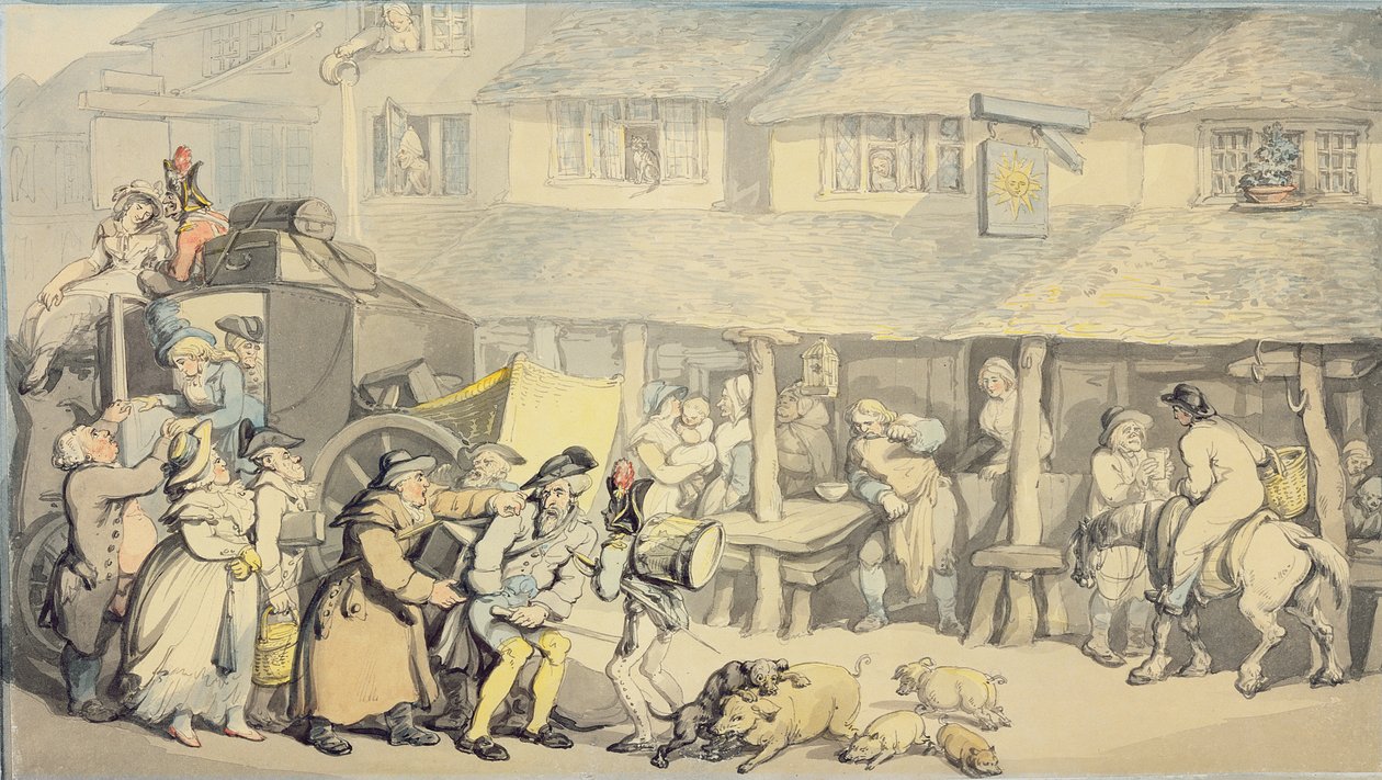A színpadi edző érkezése a Sun Inn-be, Bodminban, Cornwallban (wc és toll és fekete tinta grafit felett a papíron) alkotó: Thomas Rowlandson