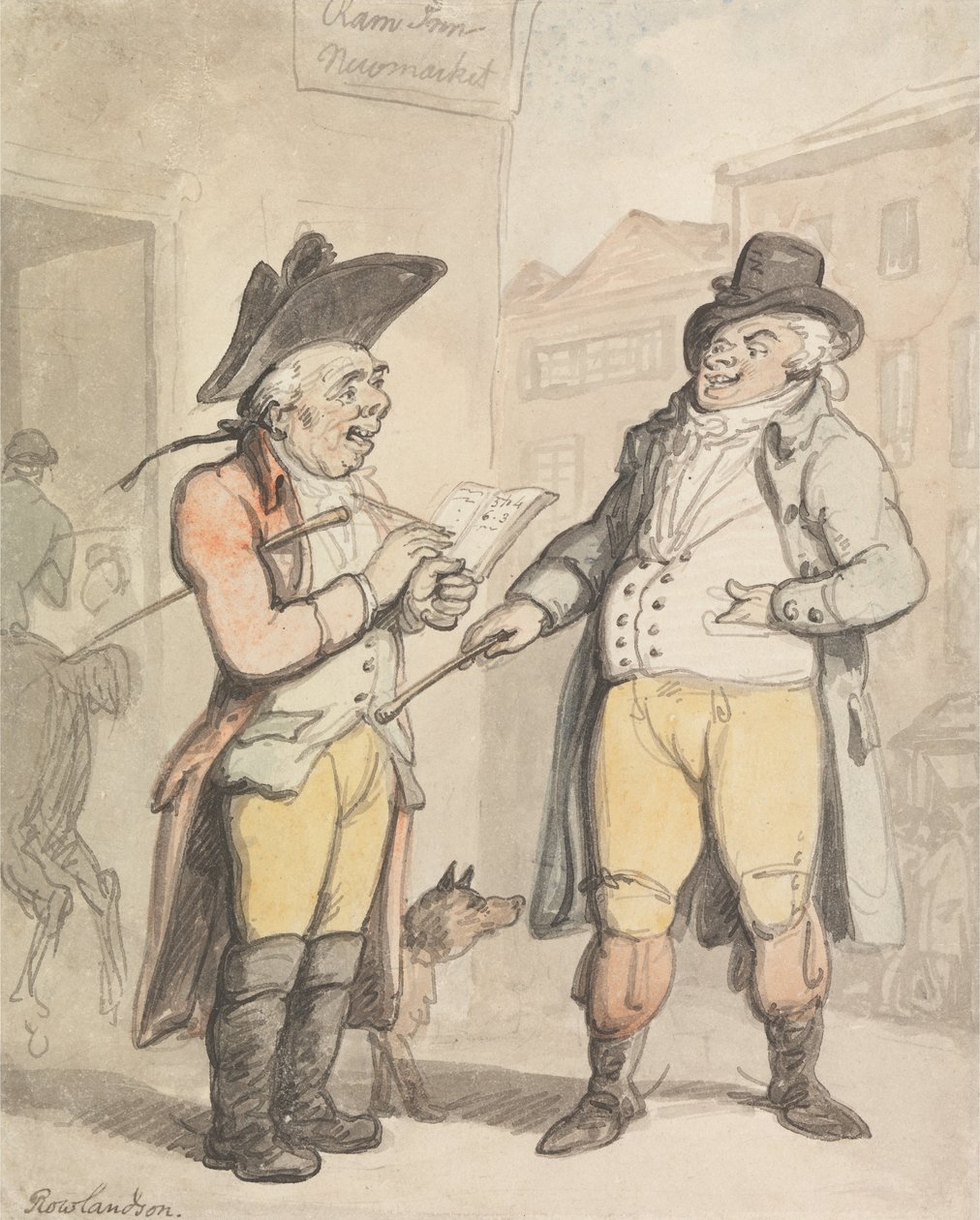 A fogadóiroda és ügyfele a Ram Innen, Newmarketen kívül alkotó: Thomas Rowlandson