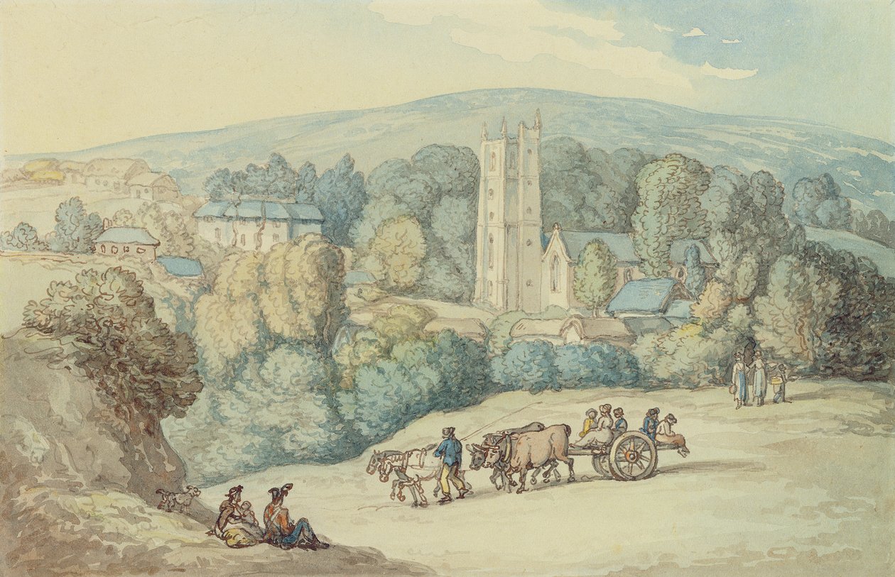 St. Cue temploma és faluja, Cornwall, 1812 körül (toll és tinta, valamint wc grafiton, papíron) alkotó: Thomas Rowlandson