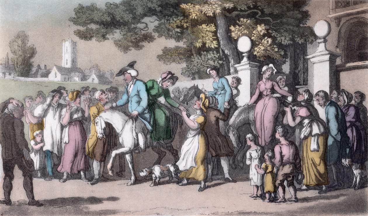 The Departure from Wakefield, Illusztráció Oliver Goldsmith „The Vicar of Wakefield” című könyvéből, pub. Ackermann, 1817 (kézzel színezett akvatinta) alkotó: Thomas Rowlandson