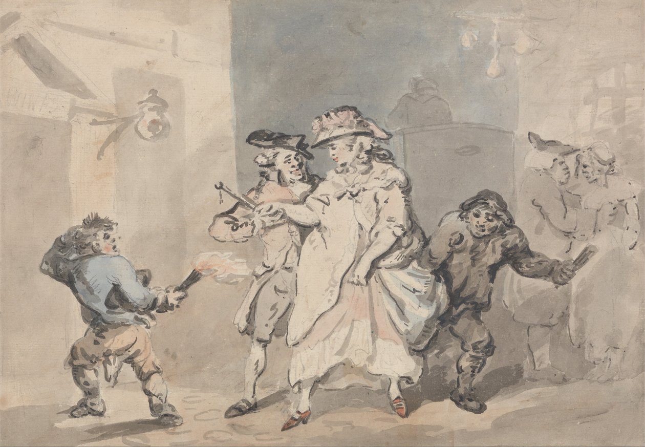 A fogadóajtó (egy férfi, két láncos fiú kíséretében egy bal oldali ajtóhoz) alkotó: Thomas Rowlandson