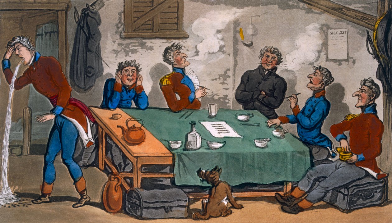 Johnny Newcombe katonai kalandjai, beszámolóval a félszigeten folytatott hadjáratáról és a Pall Mall-ban, 1816 (kézzel színezett rézkarc és akvatinta) alkotó: Thomas Rowlandson