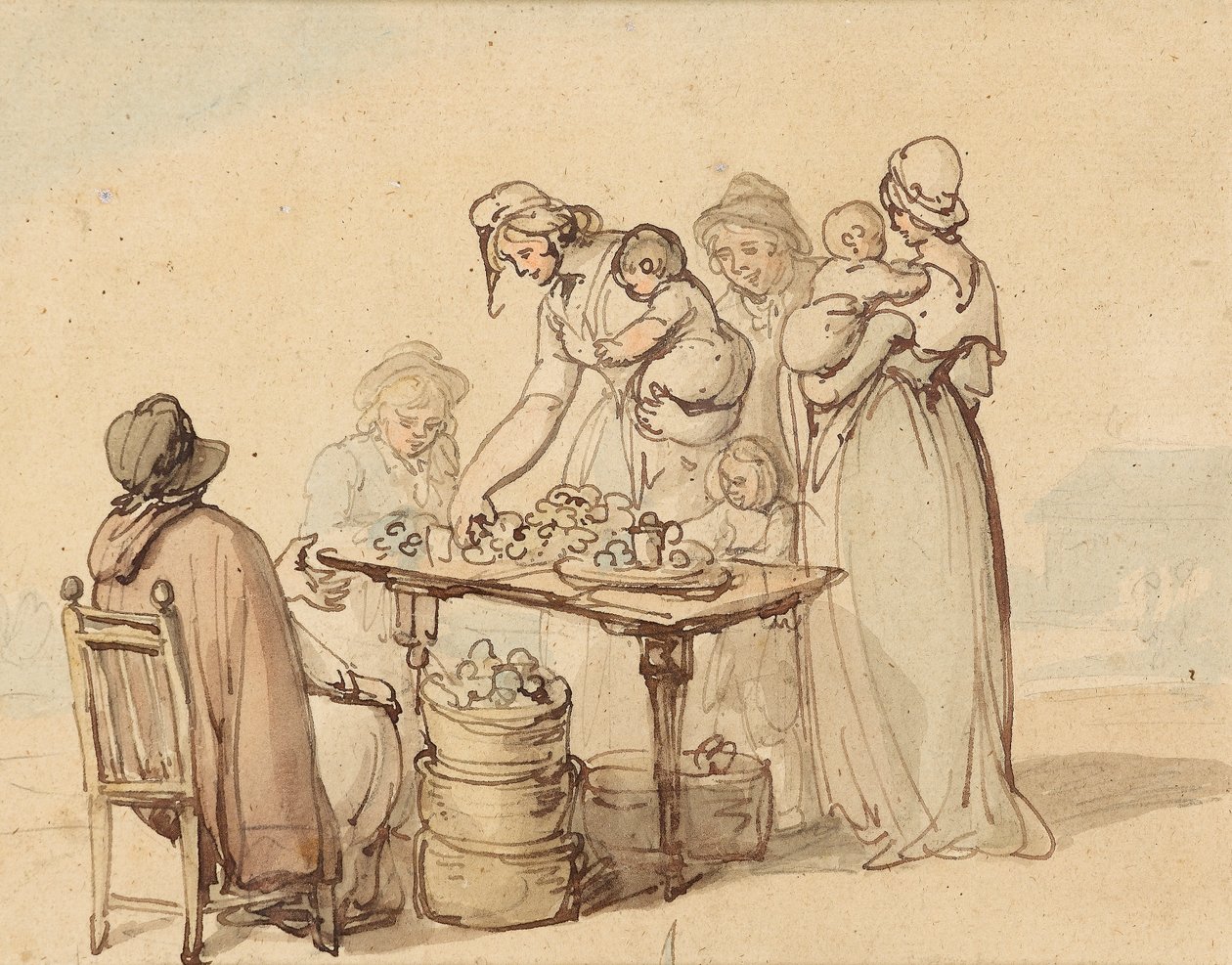 Az Oyster Stall (toll és barna tinta papírra mosással) alkotó: Thomas Rowlandson