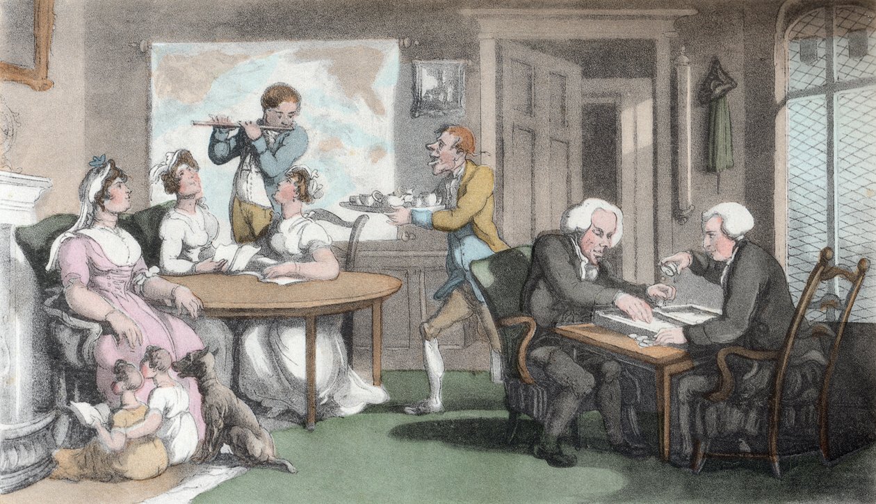 A társasági est, Oliver Goldsmith „The Vicar of Wakefield” illusztrációja, pub. Ackermann, 1817 (kézzel színezett akvatinta) alkotó: Thomas Rowlandson