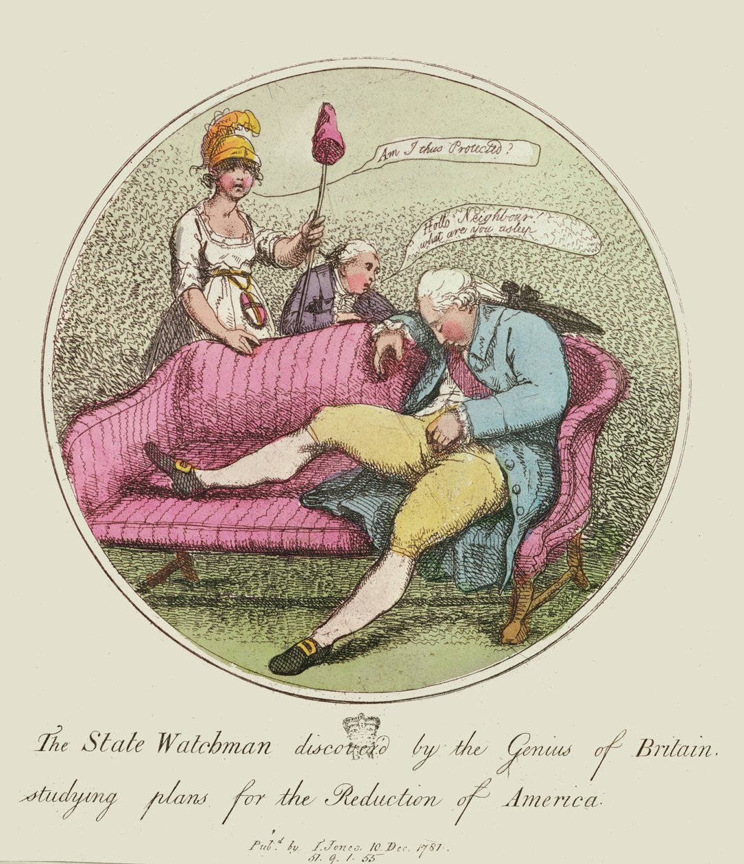 A Nagy-Britannia zsenije által felfedezett State Watchman, Amerika csökkentésének terveit tanulmányozza, 1781 (színes rézkarc) alkotó: Thomas Rowlandson