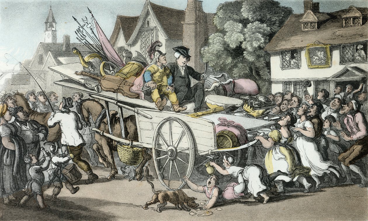 The Vicar in Company with Strolling Players, Illusztráció Oliver Goldsmith „The Vicar of Wakefield” című könyvéből, pub. Ackermann, 1817 (kézzel színezett akvatinta) alkotó: Thomas Rowlandson