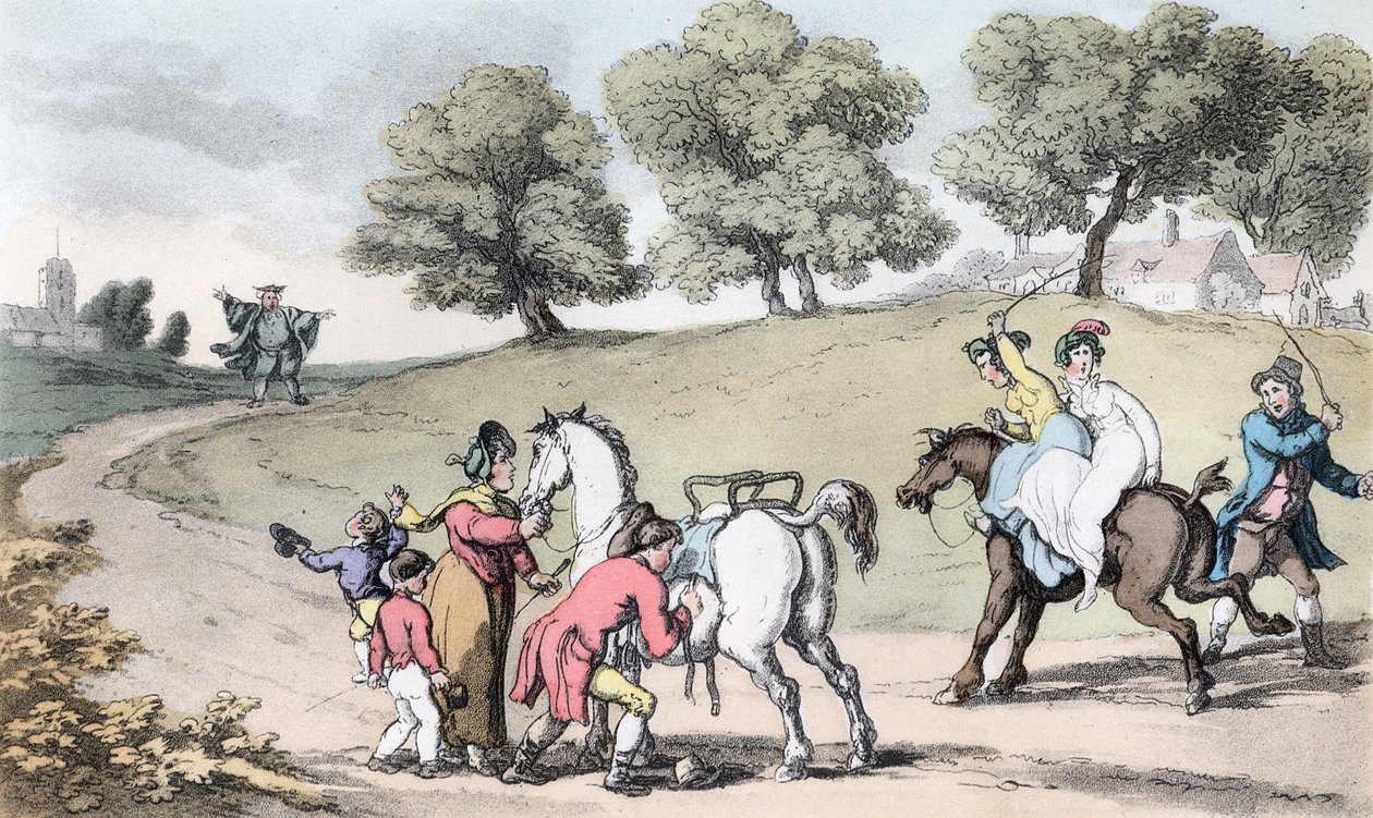 A vikárius családja a templom felé vezető úton, illusztráció Oliver Goldsmith „The Vicar of Wakefield” című könyvéből, pub. Ackermann, 1817 (kézzel színezett akvatinta) alkotó: Thomas Rowlandson