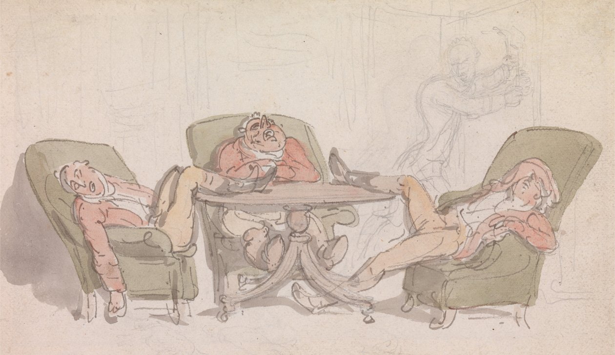 Három sportoló alszik a székük asztalánál alkotó: Thomas Rowlandson