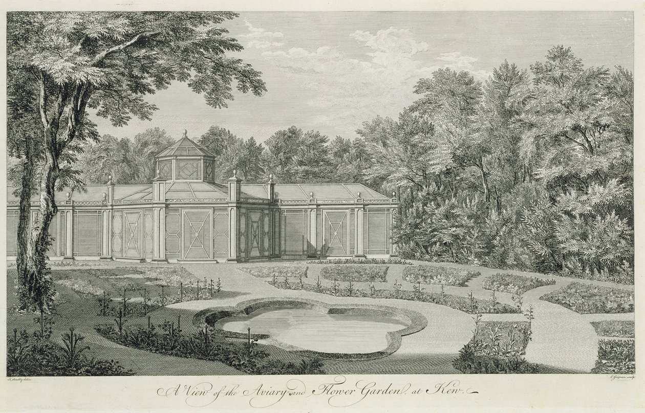 Kilátás a kew-i madárházra és virágoskertre, Sir William Chambers (1726-96) „A Surry-i kew-i kertek és épületek tervei, magasságai, metszete és perspektivikus nézetei” című művéből, Cha metszett alkotó: Thomas Sandby