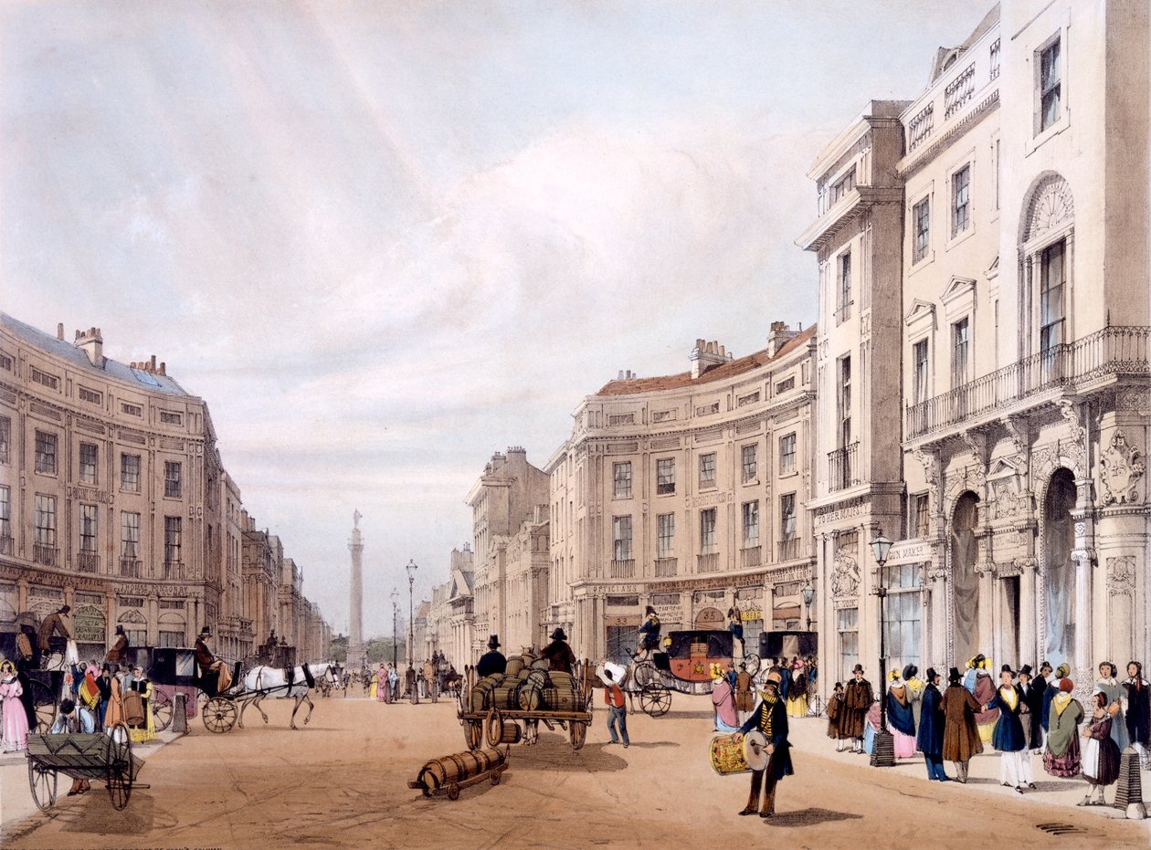 A Regent Street a York herceg oszlopa felé néz, „London, ahogyan a természetből merítve” felől, 1842 alkotó: Thomas Shotter Boys