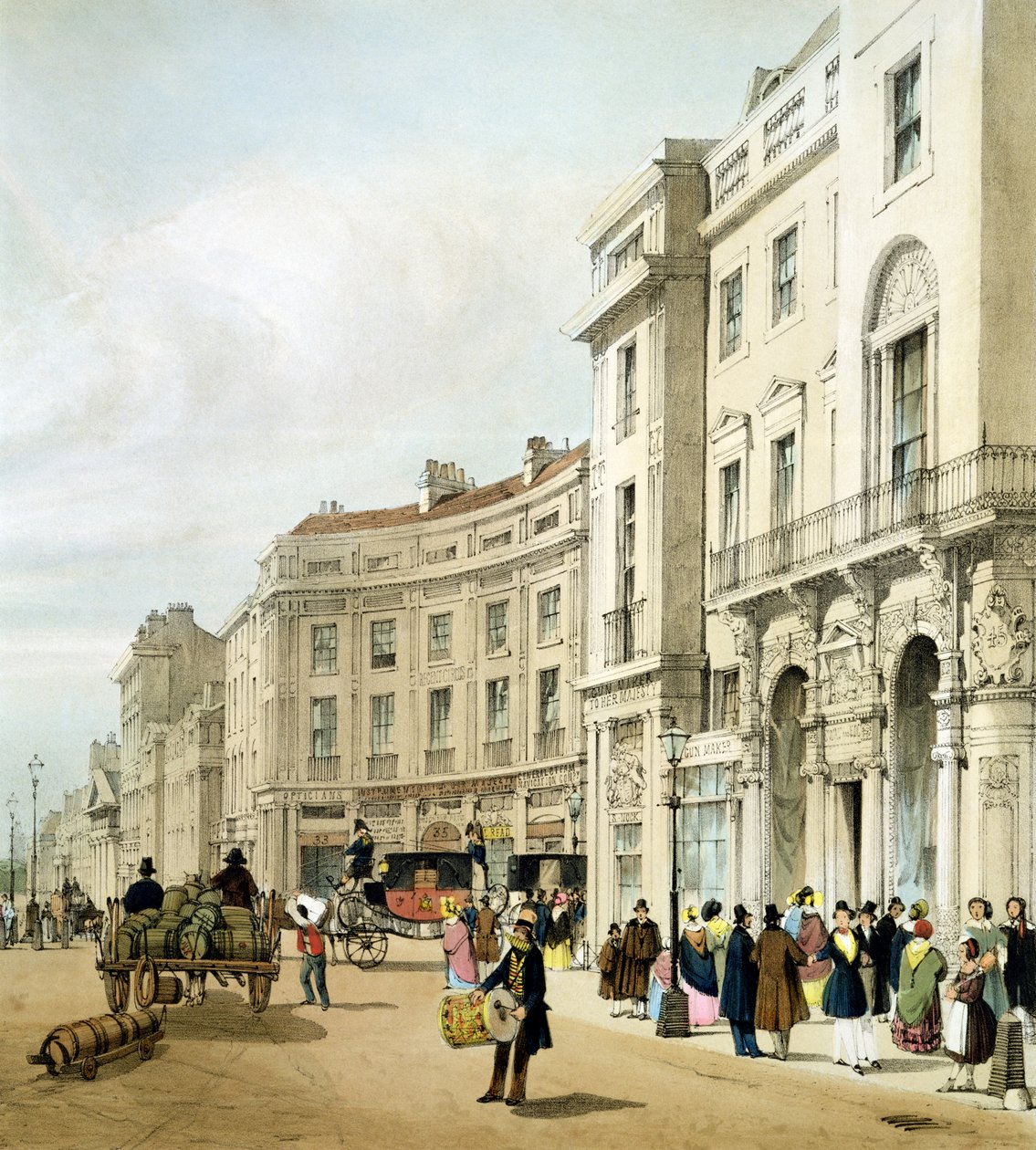 John Nash kiterjesztett Regent Cirkuszának nyugati oldala (részlet) a „London As It Is”-ből, a művész metszett és kiadott, 1842 alkotó: Thomas Shotter Boys