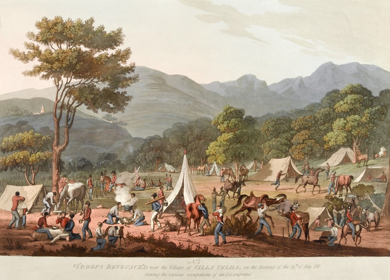Csapatok Bevouac?d [sic] Villa Velha falu közelében, 1811. május 19-én este, bemutatva [sic] egy tábor különböző foglalkozásait, 1810-11 alkotó: Thomas Staunton St. Clair