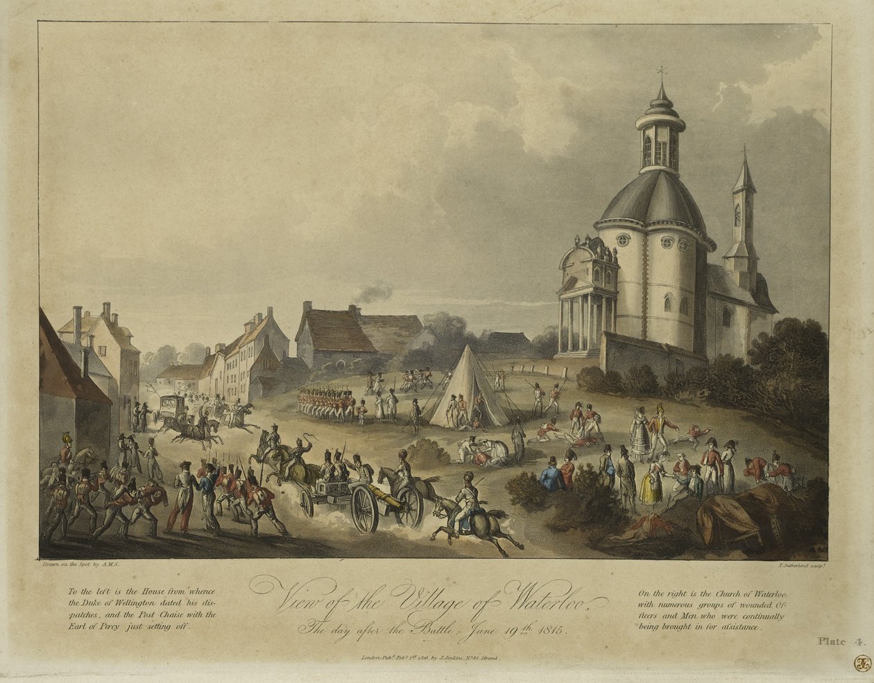 Waterloo falu látképe, a csata másnapján, 1815. június 19-én, A.M.S. után, kiadta James Jenkins, 1816. február 1. (színes akvatinta) alkotó: Thomas Sutherland