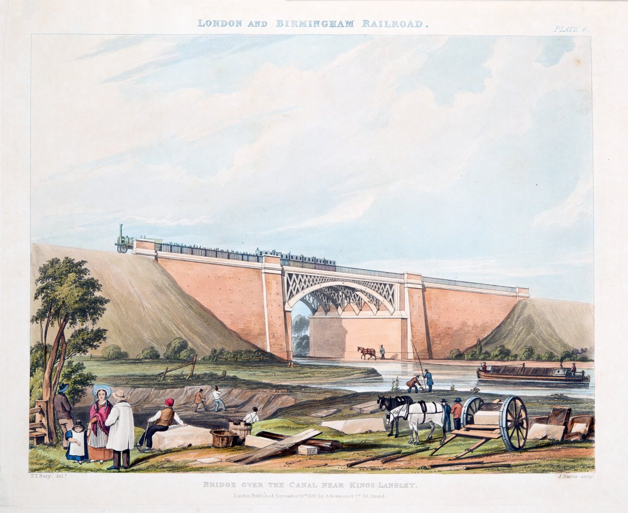 Híd a csatornán Kings-Langley közelében, 1837 (kézzel színezett metszet) alkotó: Thomas Talbot Bury