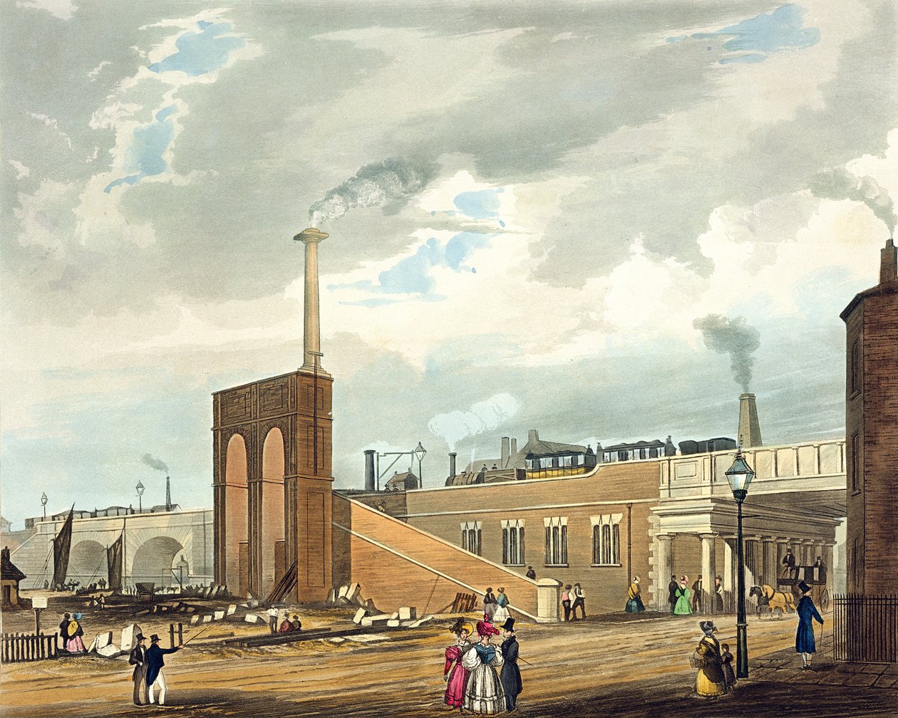 Manchester bejárata a Water Street túloldalán, 6. tábla a „Liverpool és a manchesteri vasút színes nézetéből” (Ackermann und Co., London, 1833) alkotó: Thomas Talbot Bury