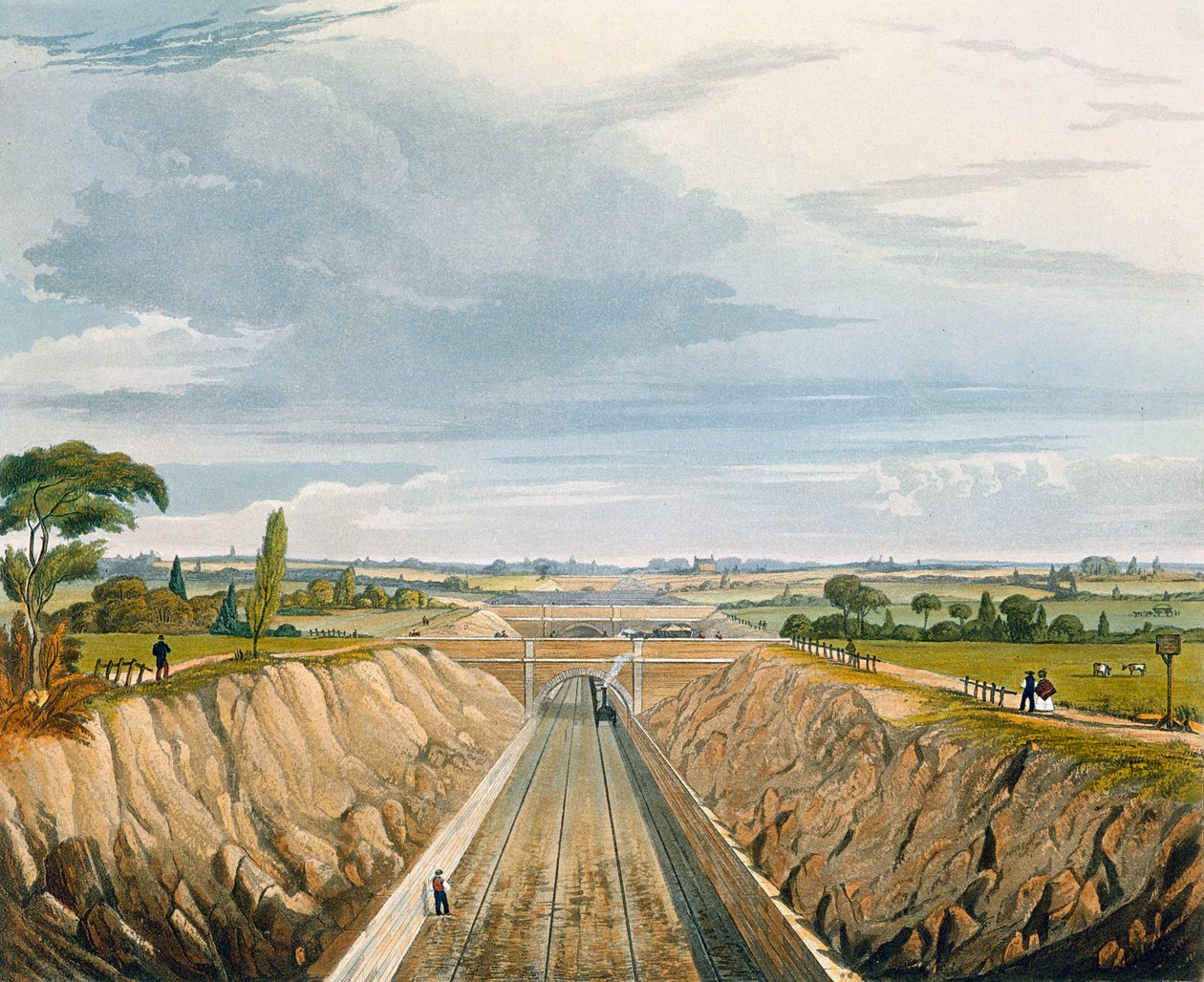 Liverpool közelében, Manchester felé néz, 11. tábla a „Liverpool und Manchester Railway színes nézetéből”, H. Pyall metszet, kiadó: Ackermann und Co., London, 1833 alkotó: Thomas Talbot Bury