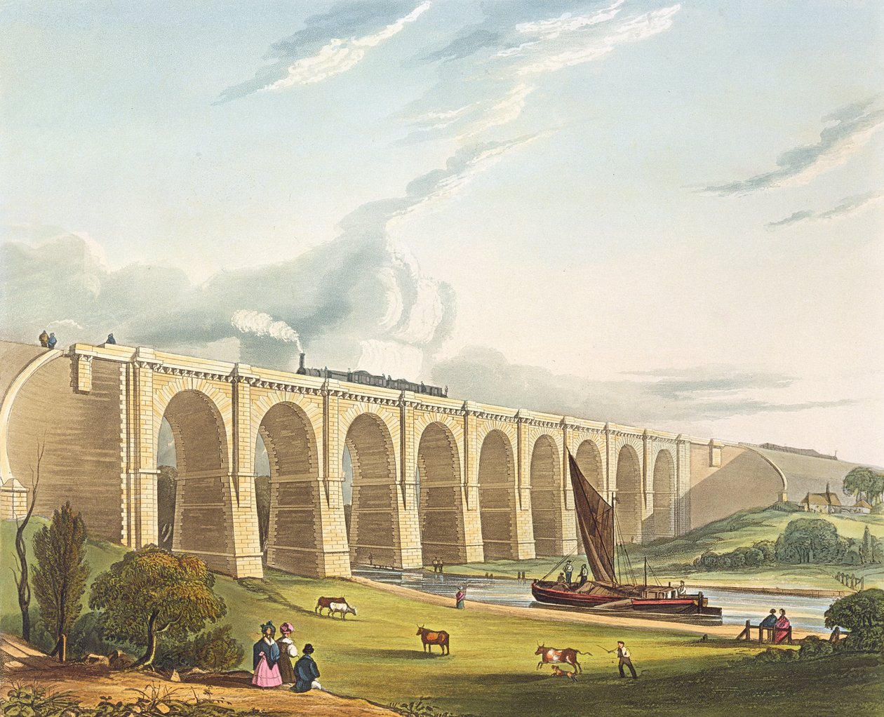Viadukt a Sankey-völgyön át, a „Liverpool and Manchester Railway” 4. táblája, Henry Pyall (1795-1833) metszete, kocsma. R. Ackermann, 1831 alkotó: Thomas Talbot Bury
