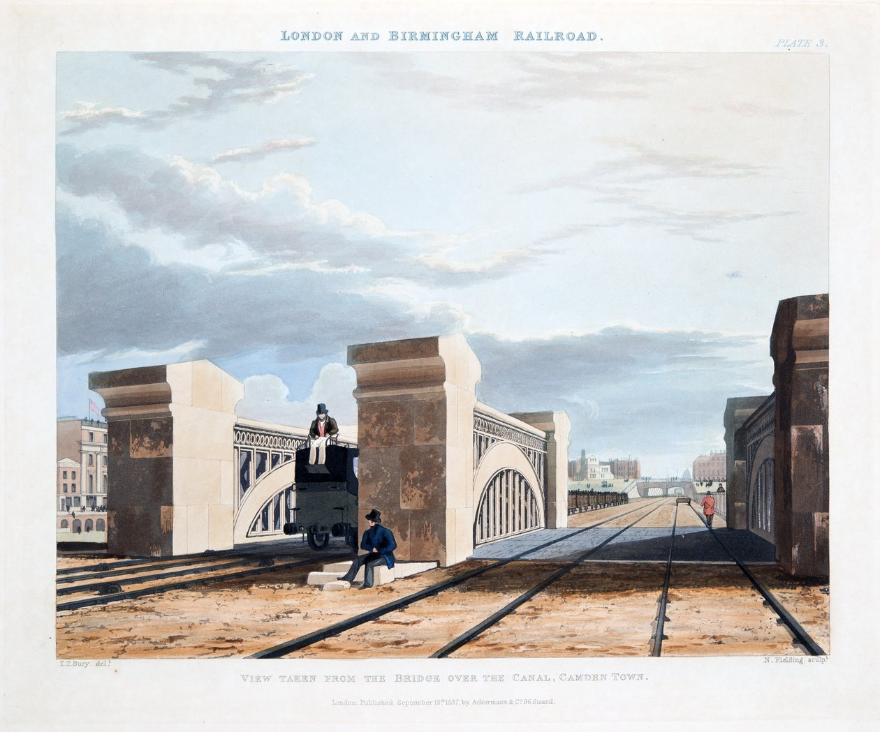 Kilátás a csatornán átívelő hídról, Camden Town, 1837 (kézzel színezett metszet) alkotó: Thomas Talbot Bury
