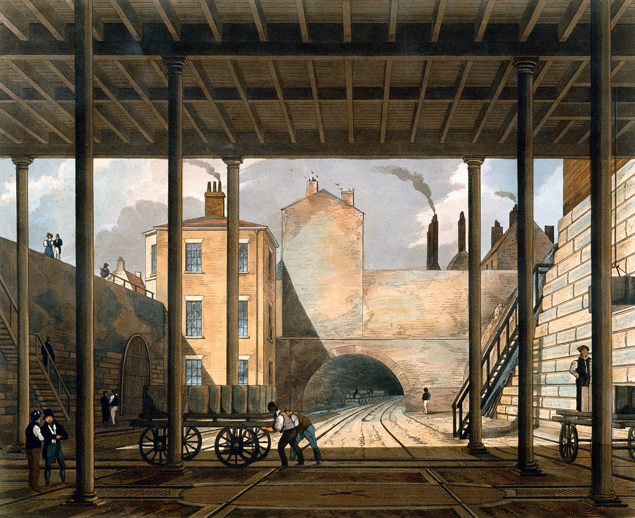 Raktárak stb. az alagút végén, Wapping felé, 9. tábla a "Coloured View of the Liverpool und Manchester Railway" című, S.G. Hughes által metszett, Ackermann és Co. által kiadott, 1831-es londoni kiadványból (színes). alkotó: Thomas Talbot Bury