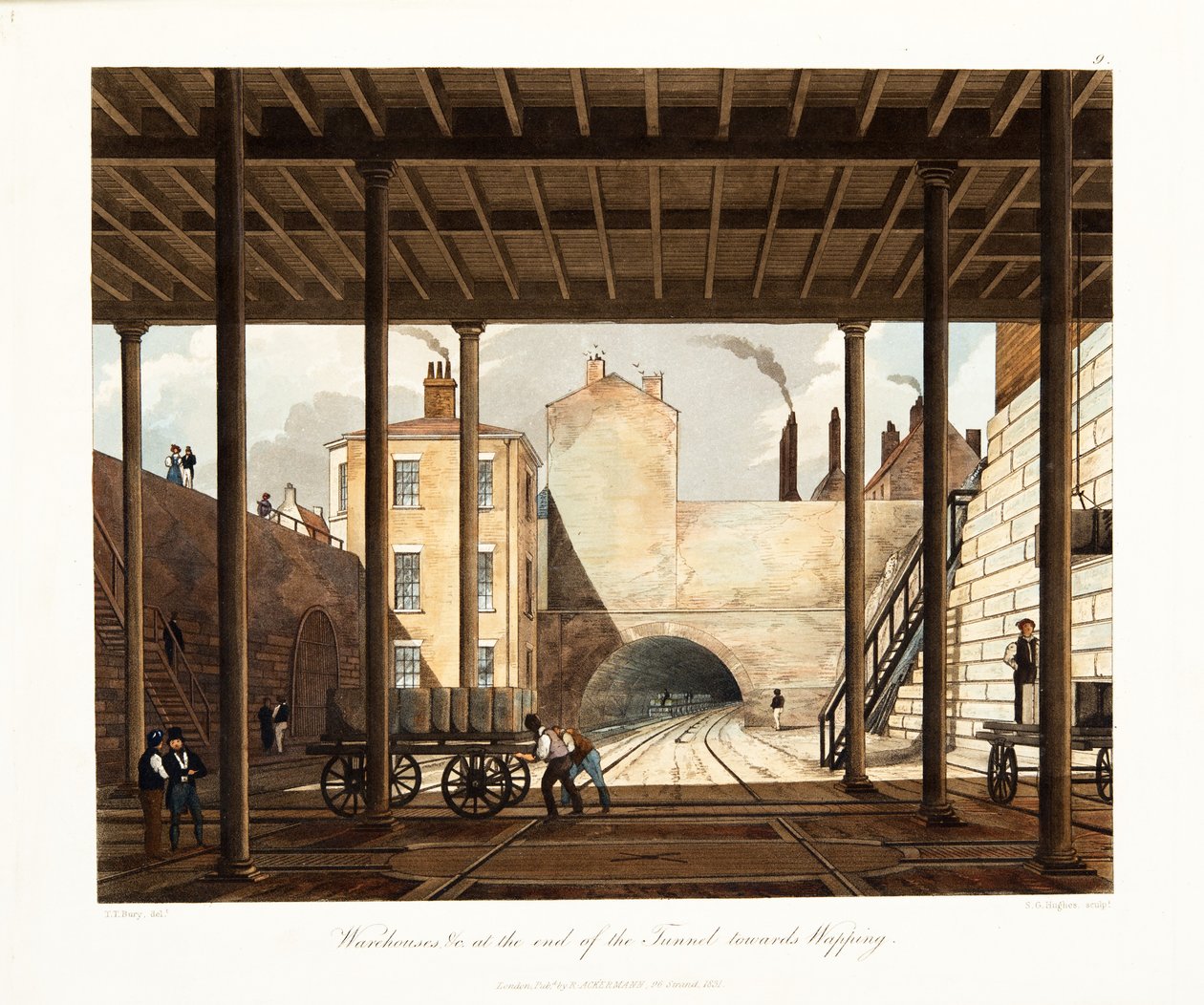 Raktárak stb. az alagút végén a Wapping felé, 1831-ben megjelent (kézi színes metszet) alkotó: Thomas Talbot Bury