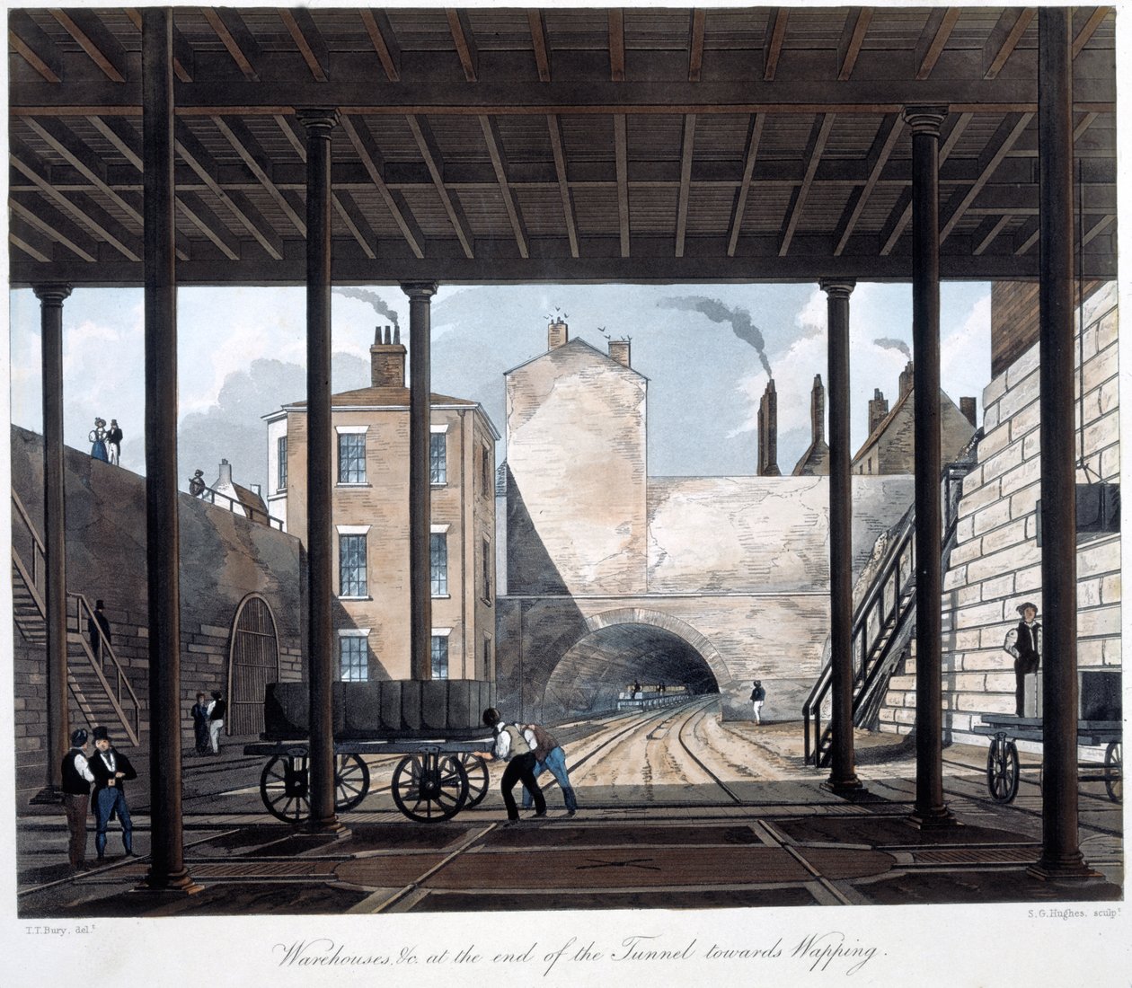 Raktárak és művek az alagút végén Wapping felé, metszett S.G. Hughes, 1831 (kézzel színezett akvatinta) alkotó: Thomas Talbot after Bury