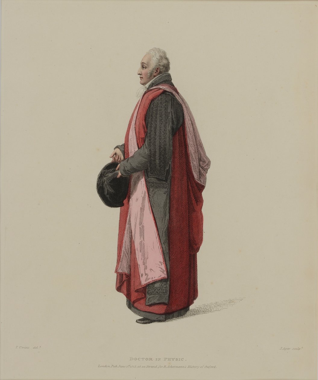 Doctor in Physic, metszett J. Agar, megjelent R. Ackermann „History of Oxford” című művében, 1813 (kézzel színezett metszet) alkotó: Thomas Uwins