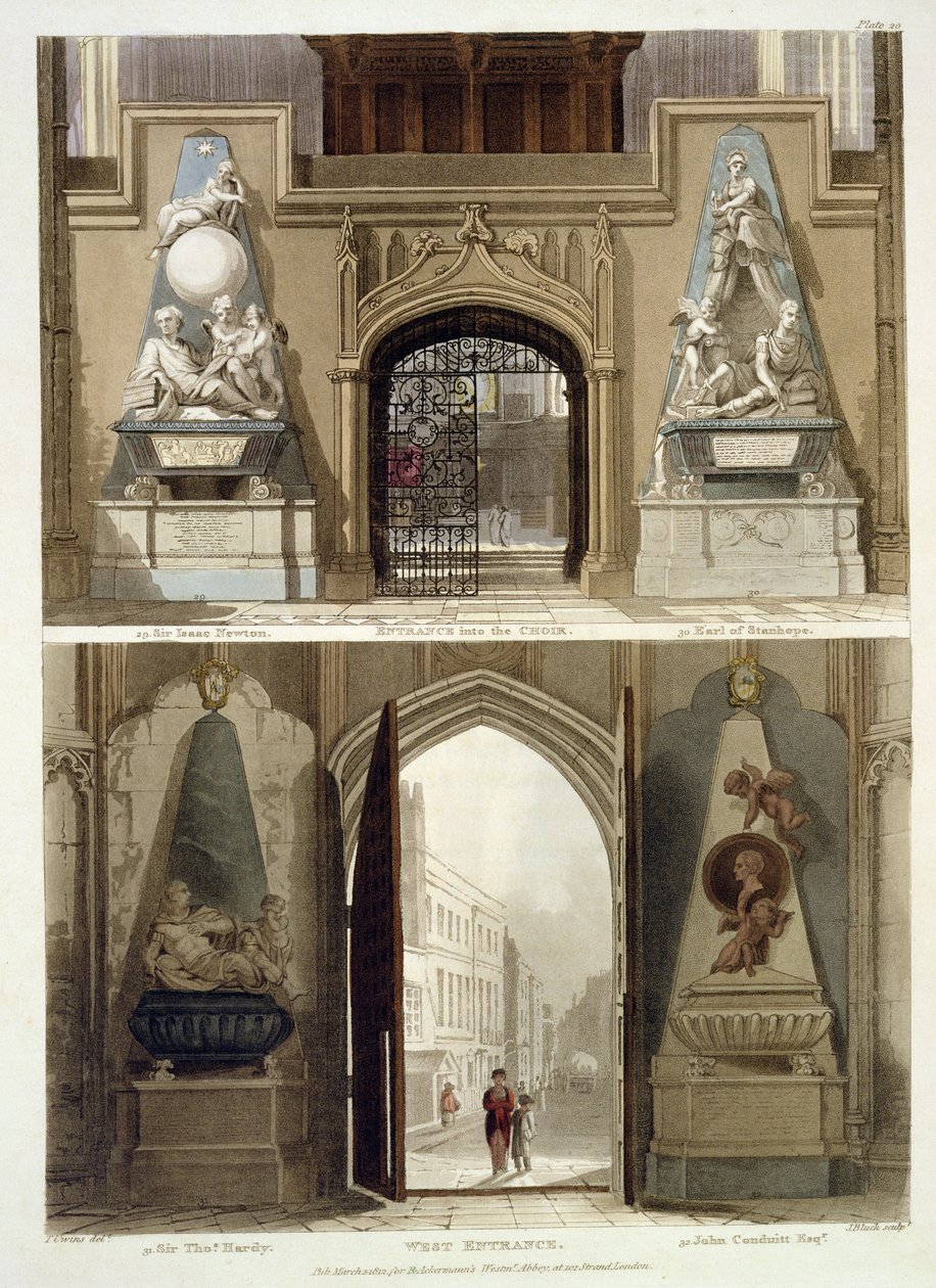 A kórus bejárata és a nyugati bejárat, 20. tábla a "Westminster Abbey"-ből, metszett J. Bluck (fl.1791-1831) pub. Írta: Rudolph Ackermann (1764-1834) 1812 (akvatinta) alkotó: Thomas Uwins